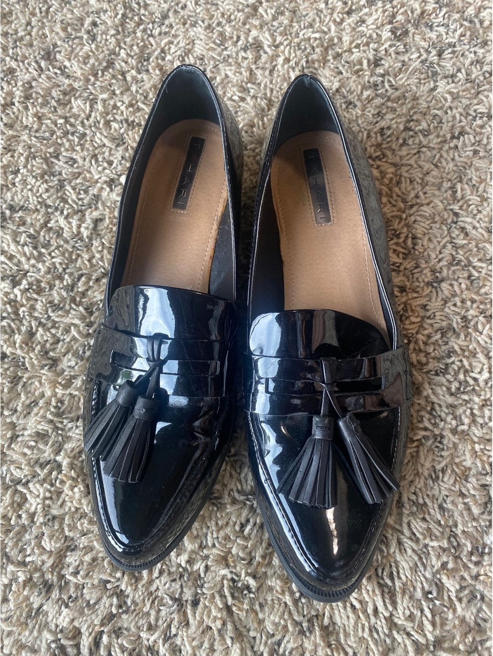 Tahari Black Patent Pointed Toe Tassel Loafer